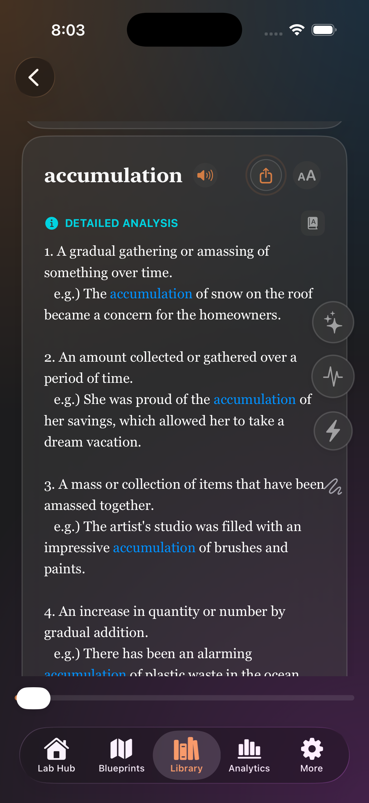 Word Lab Flashcard Detailed Analysis Screen